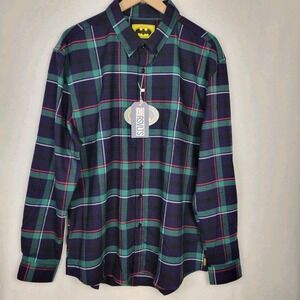 RSVLTS Batman Joker Flannel Shirt XL Green Purple Plaid Stretch NWT Comiccore
